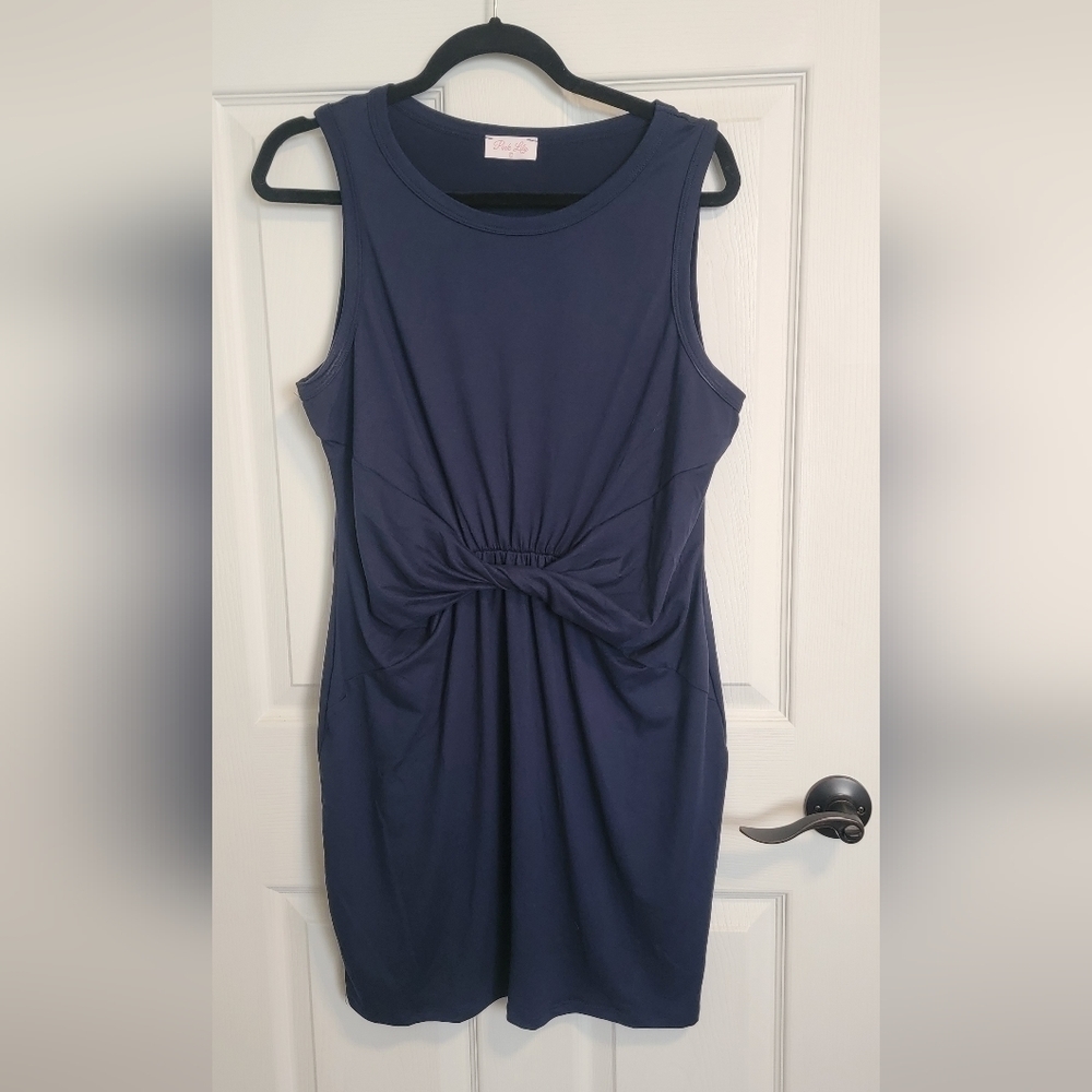 Nwot Pink Lily Navy Twist Front Detail Knit Dress- Extra Large